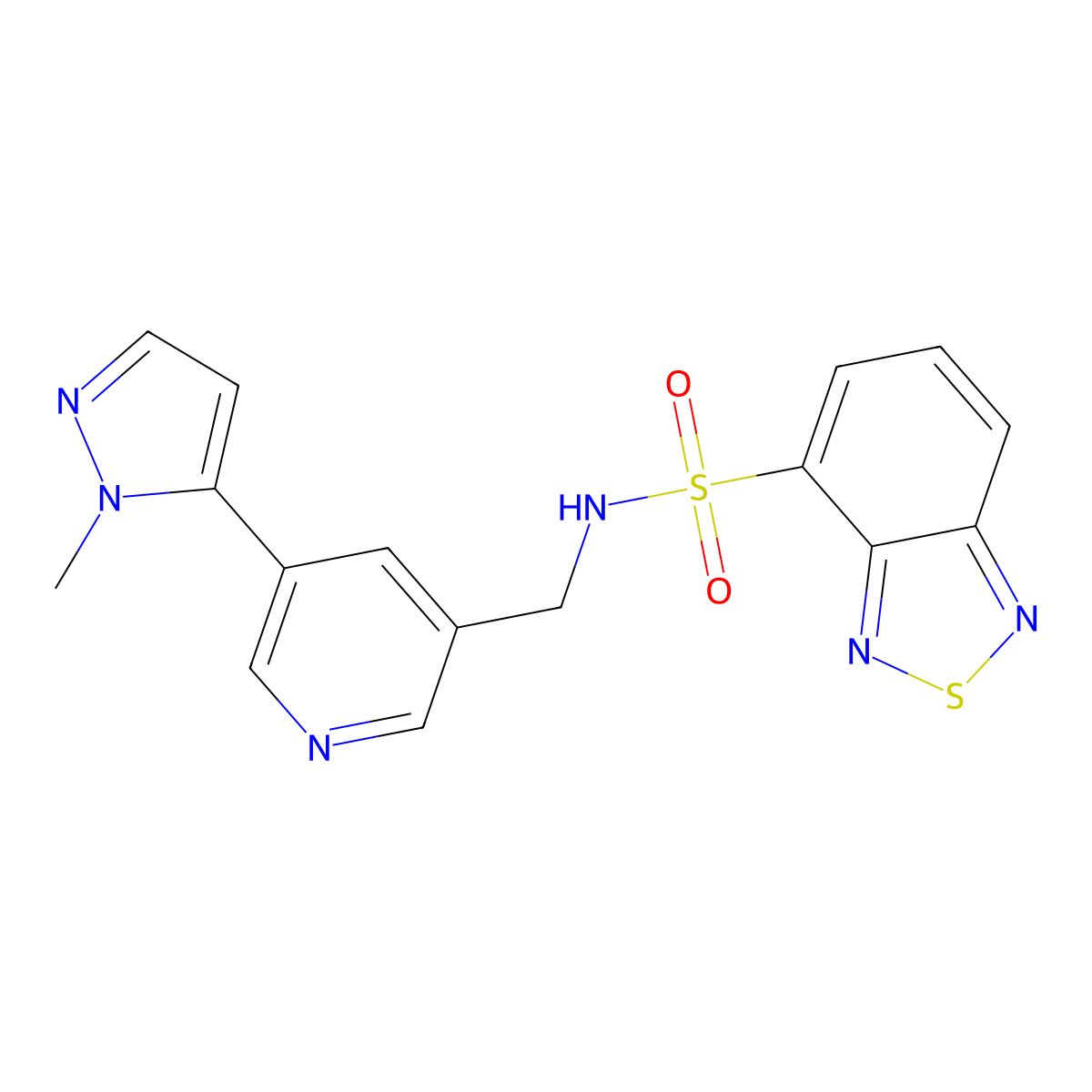 N-((5-(1-methyl-1H-pyrazol-5-yl)pyridin-3-yl)methyl)benzo[c][1,2,5]thiadiazole-4-sulfonamide molecular structure, CAS 2034463-67-5
