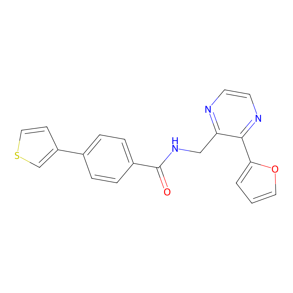 N-{[3-(furan-2-yl)pyrazin-2-yl]methyl}-4-(thiophen-3-yl)benzamide molecular structure, CAS 2034463-72-2