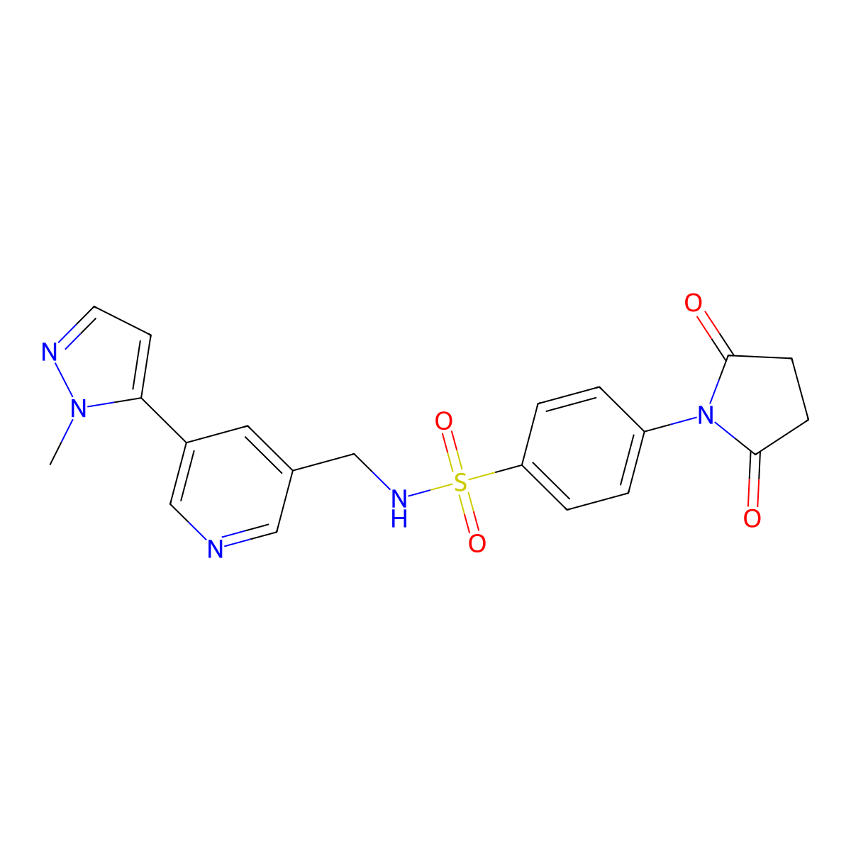 4-(2,5-dioxopyrrolidin-1-yl)-N-((5-(1-methyl-1H-pyrazol-5-yl)pyridin-3-yl)methyl)benzenesulfonamide molecular structure, CAS 2034463-75-5