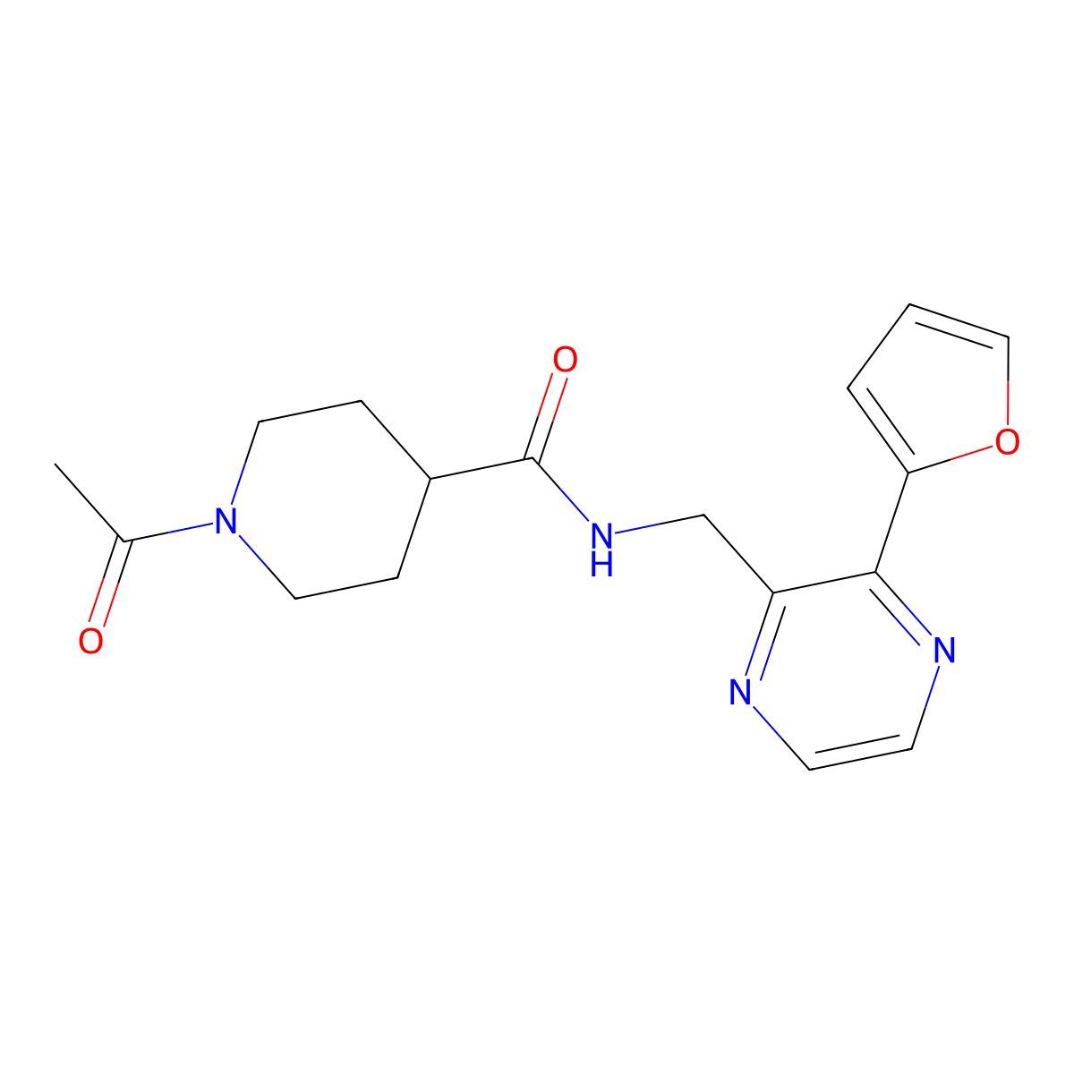 1-acetyl-N-((3-(furan-2-yl)pyrazin-2-yl)methyl)piperidine-4-carboxamide molecular structure, CAS 2034463-78-8