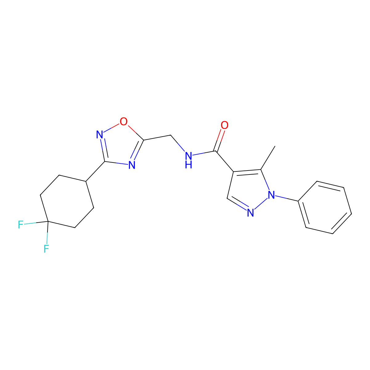 N-((3-(4,4-difluorocyclohexyl)-1,2,4-oxadiazol-5-yl)methyl)-5-methyl-1-phenyl-1H-pyrazole-4-carboxamide molecular structure, CAS 2034463-81-3