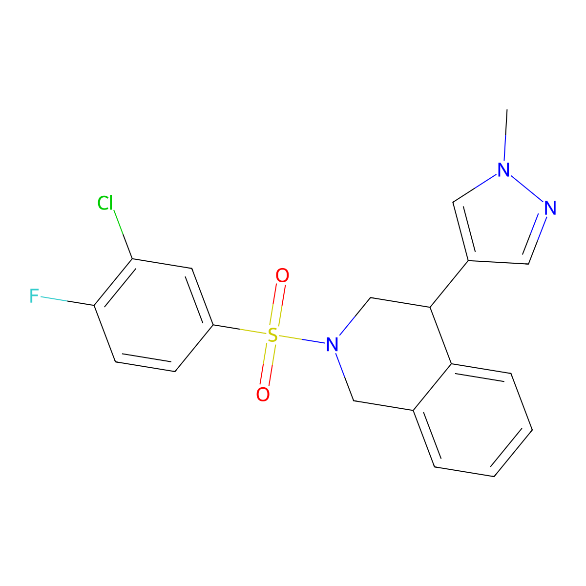 2-((3-chloro-4-fluorophenyl)sulfonyl)-4-(1-methyl-1H-pyrazol-4-yl)-1,2,3,4-tetrahydroisoquinoline molecular structure, CAS 2034463-85-7