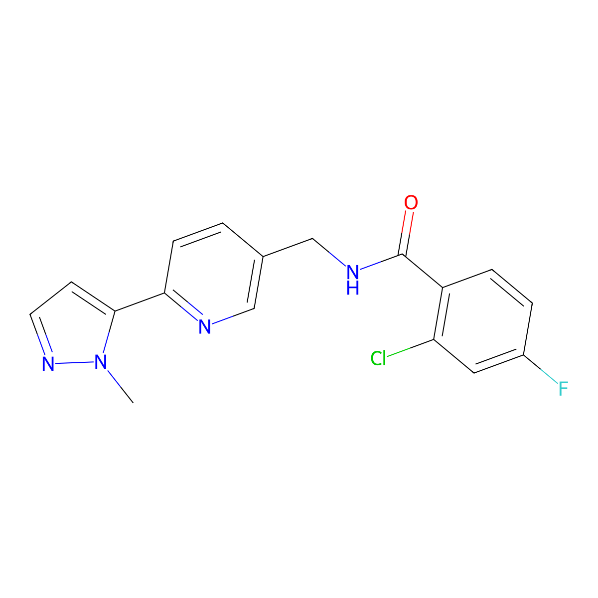 2-chloro-4-fluoro-N-{[6-(1-methyl-1H-pyrazol-5-yl)pyridin-3-yl]methyl}benzamide molecular structure, CAS 2034463-87-9