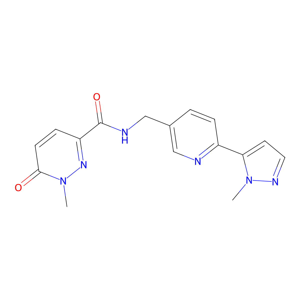 1-methyl-N-((6-(1-methyl-1H-pyrazol-5-yl)pyridin-3-yl)methyl)-6-oxo-1,6-dihydropyridazine-3-carboxamide molecular structure, CAS 2034464-04-3