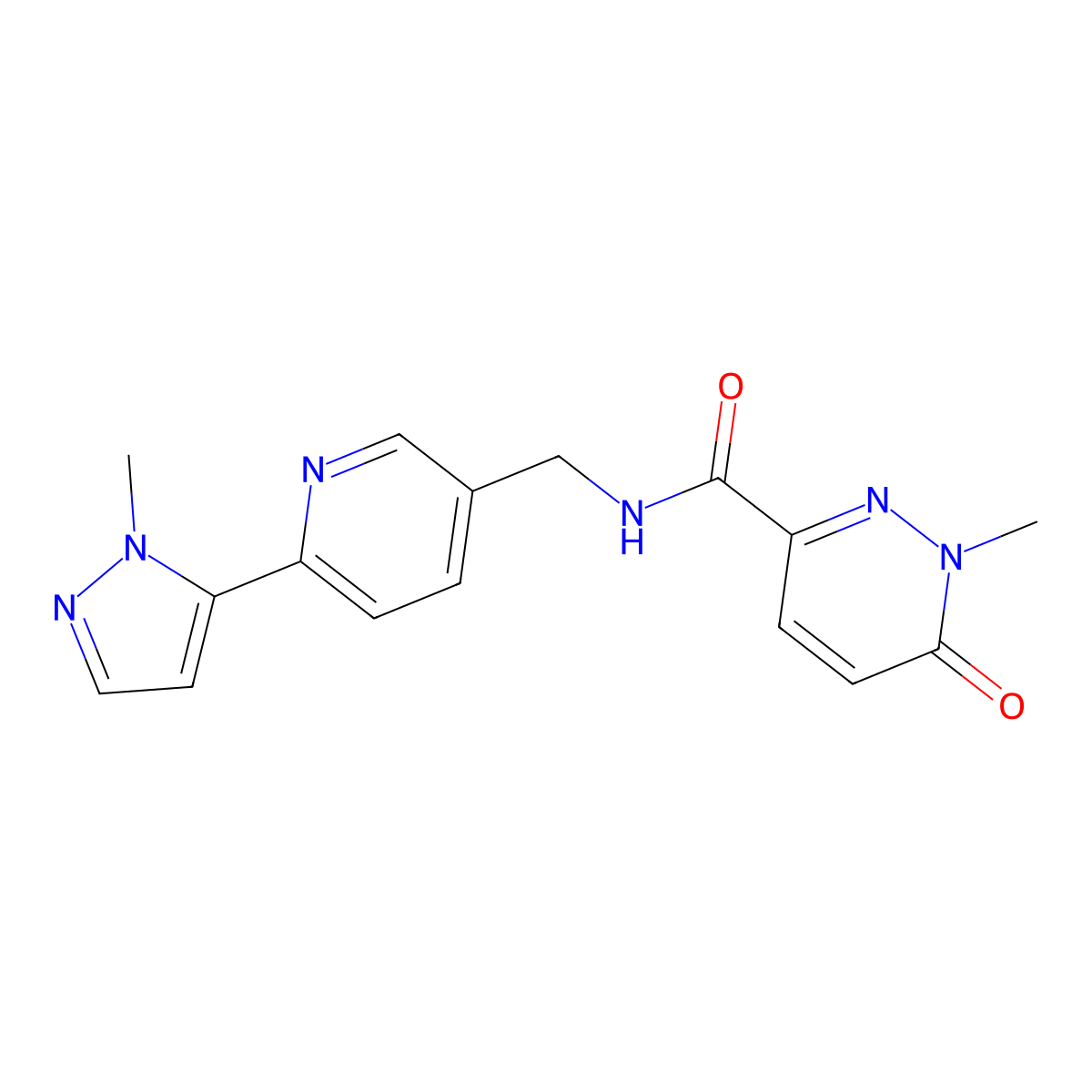 1-methyl-N-((6-(1-methyl-1H-pyrazol-5-yl)pyridin-3-yl)methyl)-6-oxo-1,6-dihydropyridazine-3-carboxamide molecular structure, CAS 2034464-04-3