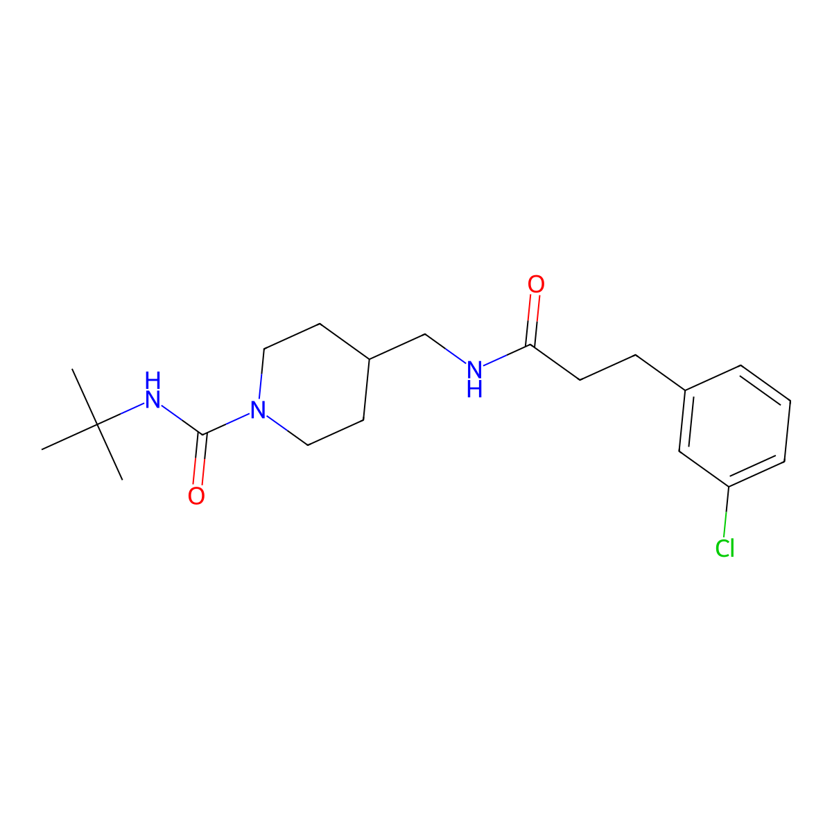 N-(tert-butyl)-4-((3-(3-chlorophenyl)propanamido)methyl)piperidine-1-carboxamide molecular structure, CAS 2034464-16-7