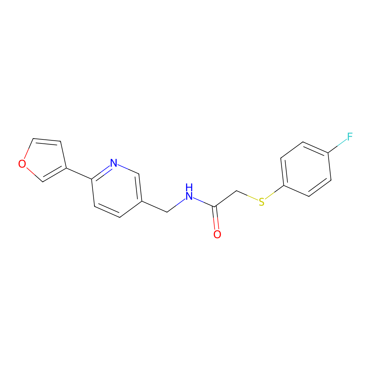 2-((4-fluorophenyl)thio)-N-((6-(furan-3-yl)pyridin-3-yl)methyl)acetamide molecular structure, CAS 2034464-25-8