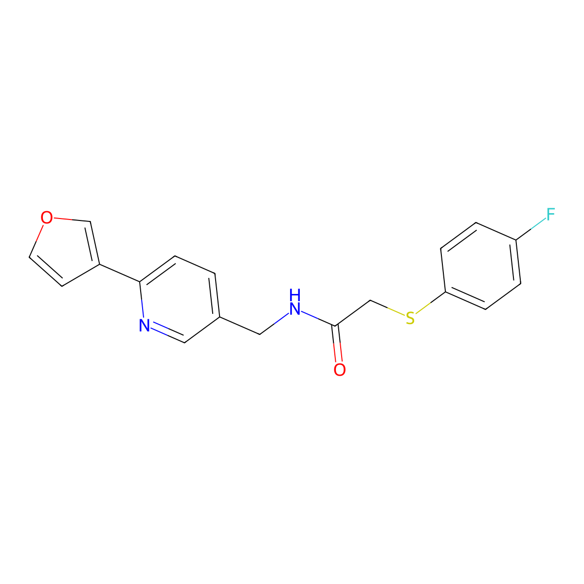 2-((4-fluorophenyl)thio)-N-((6-(furan-3-yl)pyridin-3-yl)methyl)acetamide molecular structure, CAS 2034464-25-8