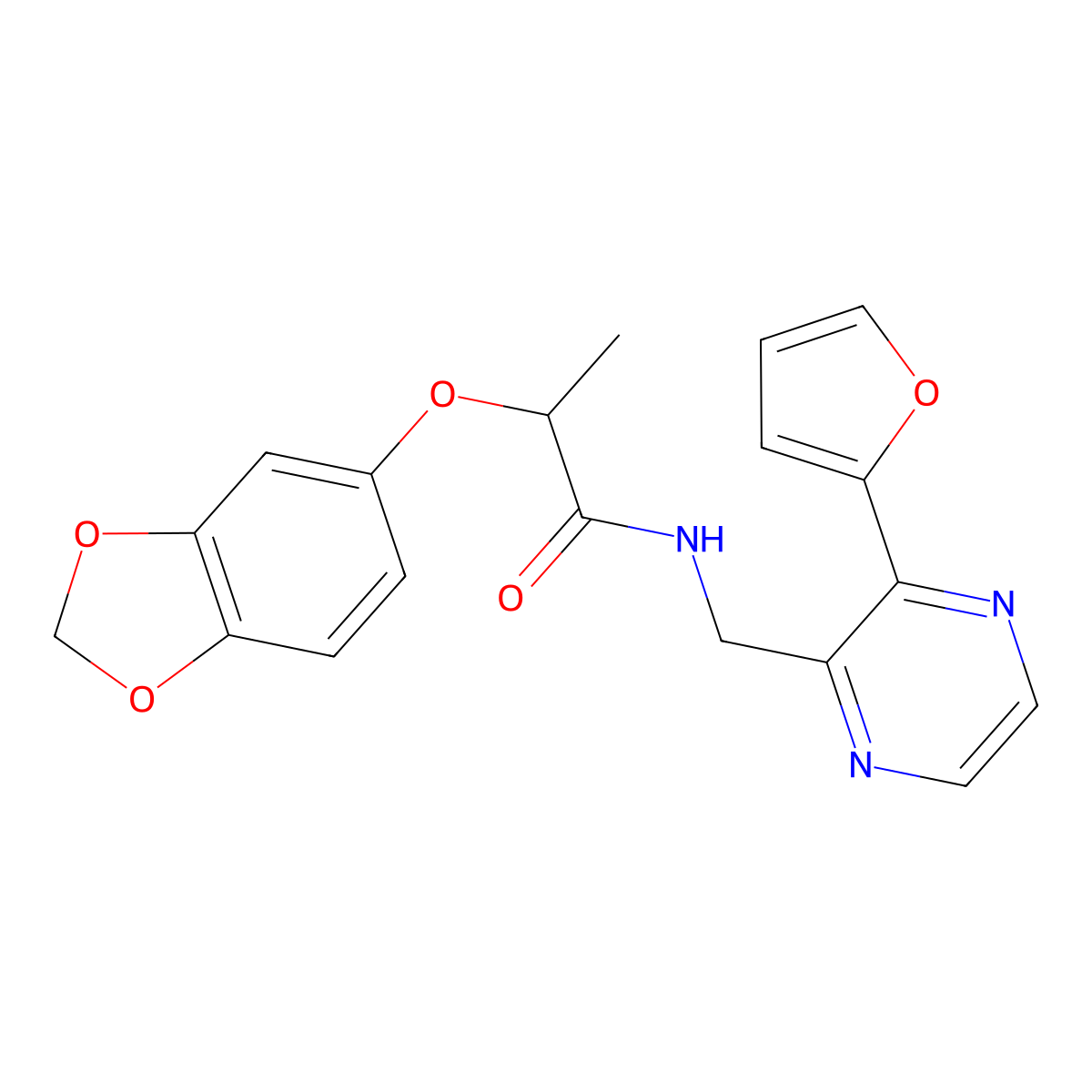 2-(benzo[d][1,3]dioxol-5-yloxy)-N-((3-(furan-2-yl)pyrazin-2-yl)methyl)propanamide molecular structure, CAS 2034464-50-9