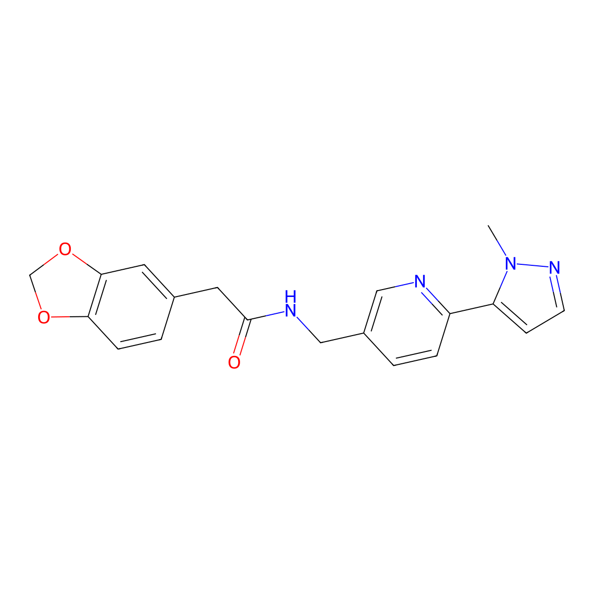 2-(benzo[d][1,3]dioxol-5-yl)-N-((6-(1-methyl-1H-pyrazol-5-yl)pyridin-3-yl)methyl)acetamide molecular structure, CAS 2034464-51-0