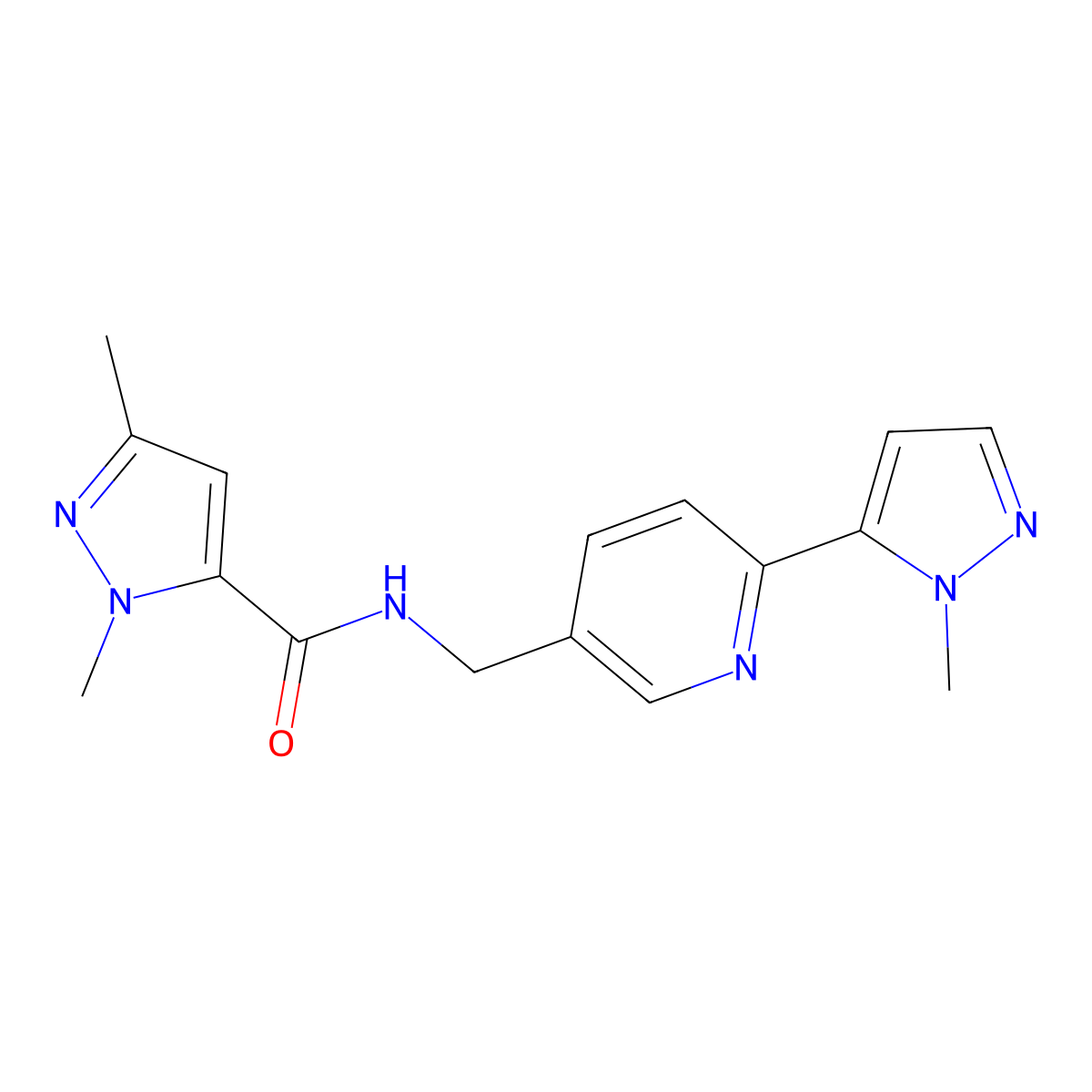 1,3-dimethyl-N-((6-(1-methyl-1H-pyrazol-5-yl)pyridin-3-yl)methyl)-1H-pyrazole-5-carboxamide molecular structure, CAS 2034464-62-3