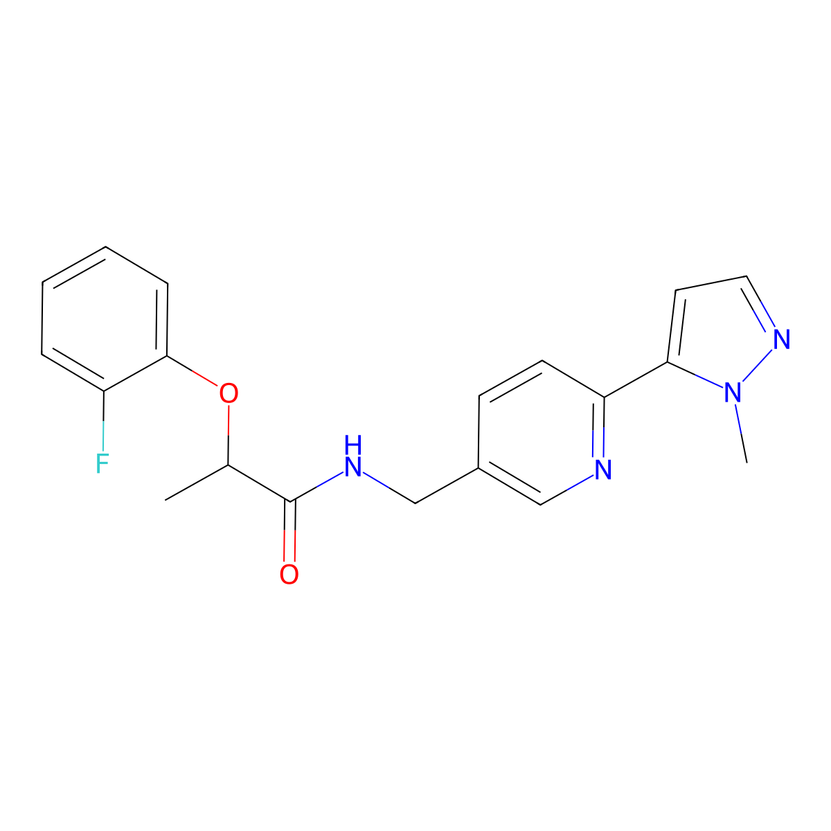 2-(2-fluorophenoxy)-N-{[6-(1-methyl-1H-pyrazol-5-yl)pyridin-3-yl]methyl}propanamide molecular structure, CAS 2034464-70-3
