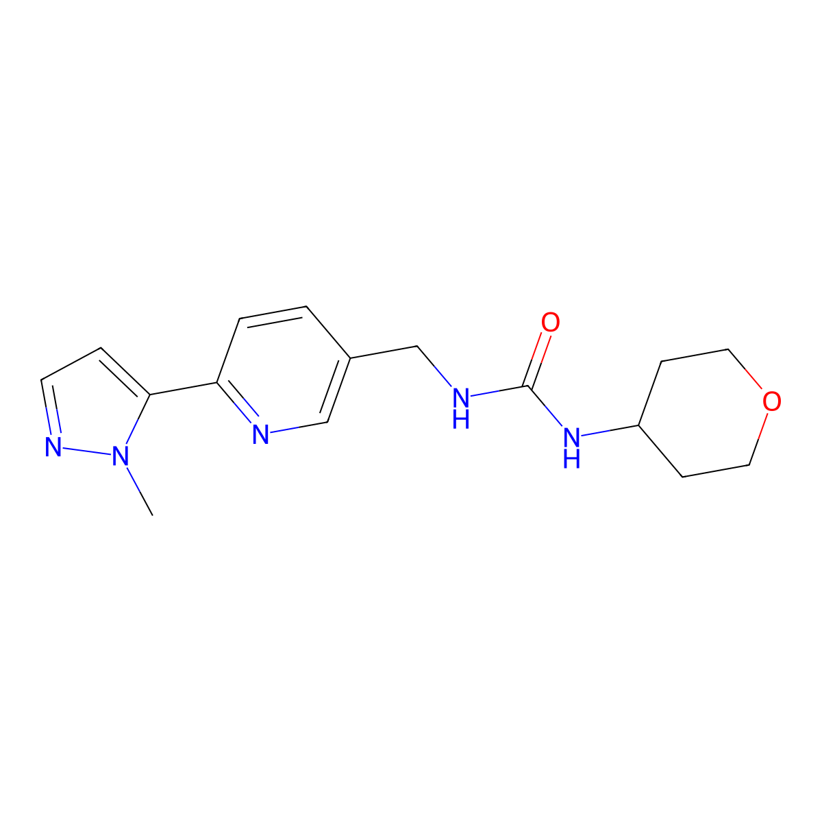1-((6-(1-methyl-1H-pyrazol-5-yl)pyridin-3-yl)methyl)-3-(tetrahydro-2H-pyran-4-yl)urea molecular structure, CAS 2034464-89-4