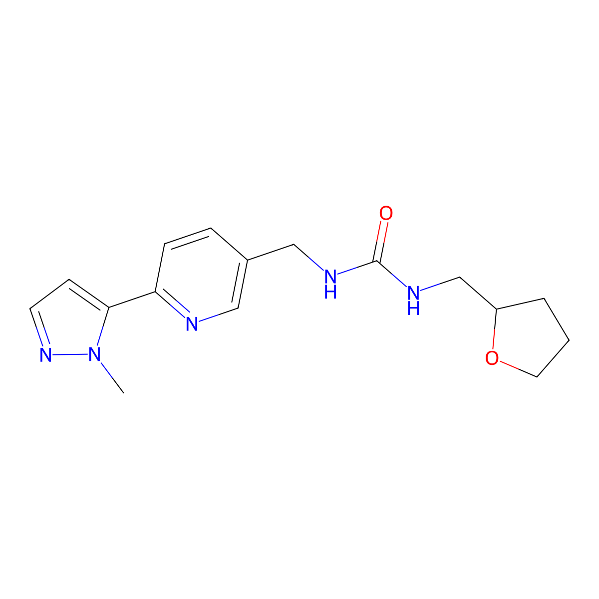 1-((6-(1-methyl-1H-pyrazol-5-yl)pyridin-3-yl)methyl)-3-((tetrahydrofuran-2-yl)methyl)urea molecular structure, CAS 2034464-95-2