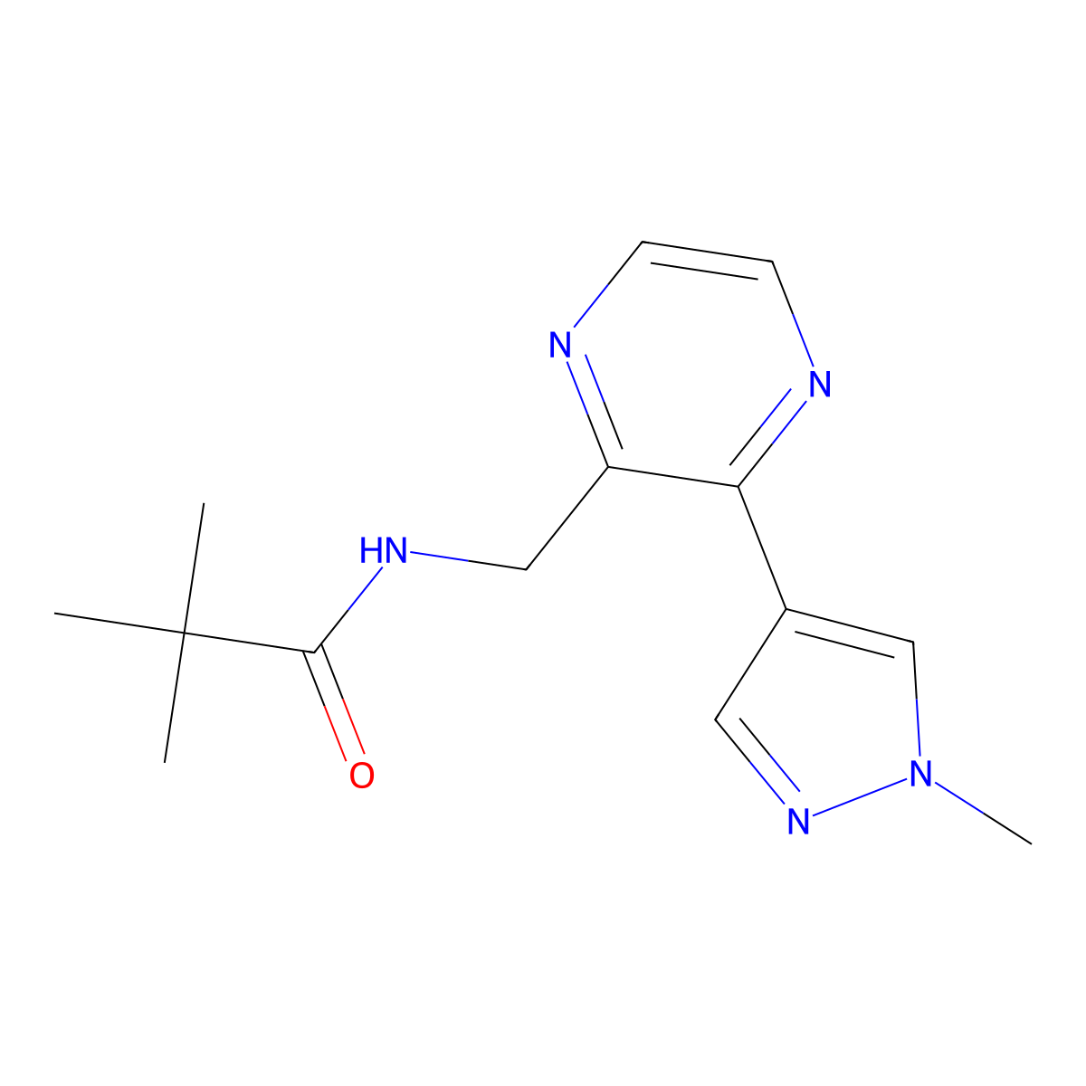 N-((3-(1-methyl-1H-pyrazol-4-yl)pyrazin-2-yl)methyl)pivalamide molecular structure, CAS 2034465-07-9