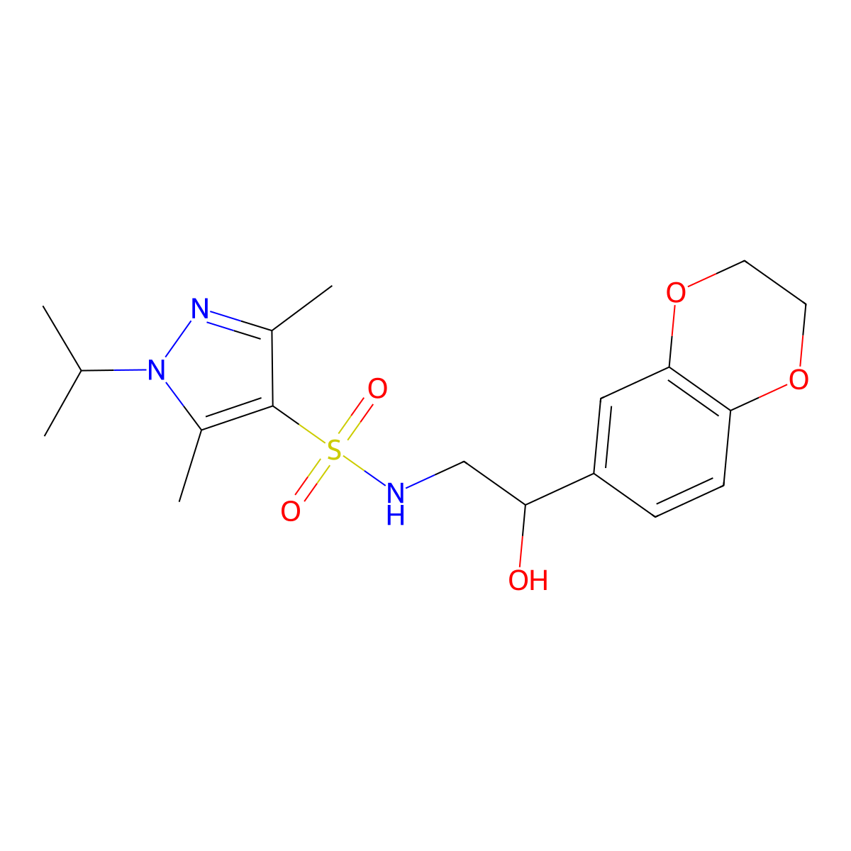 N-(2-(2,3-dihydrobenzo[b][1,4]dioxin-6-yl)-2-hydroxyethyl)-1-isopropyl-3,5-dimethyl-1H-pyrazole-4-sulfonamide molecular structure, CAS 2034465-25-1