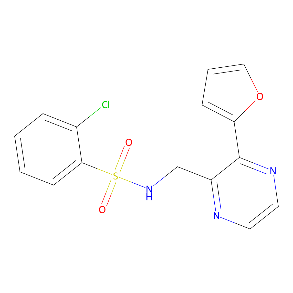 2-chloro-N-((3-(furan-2-yl)pyrazin-2-yl)methyl)benzenesulfonamide molecular structure, CAS 2034465-26-2