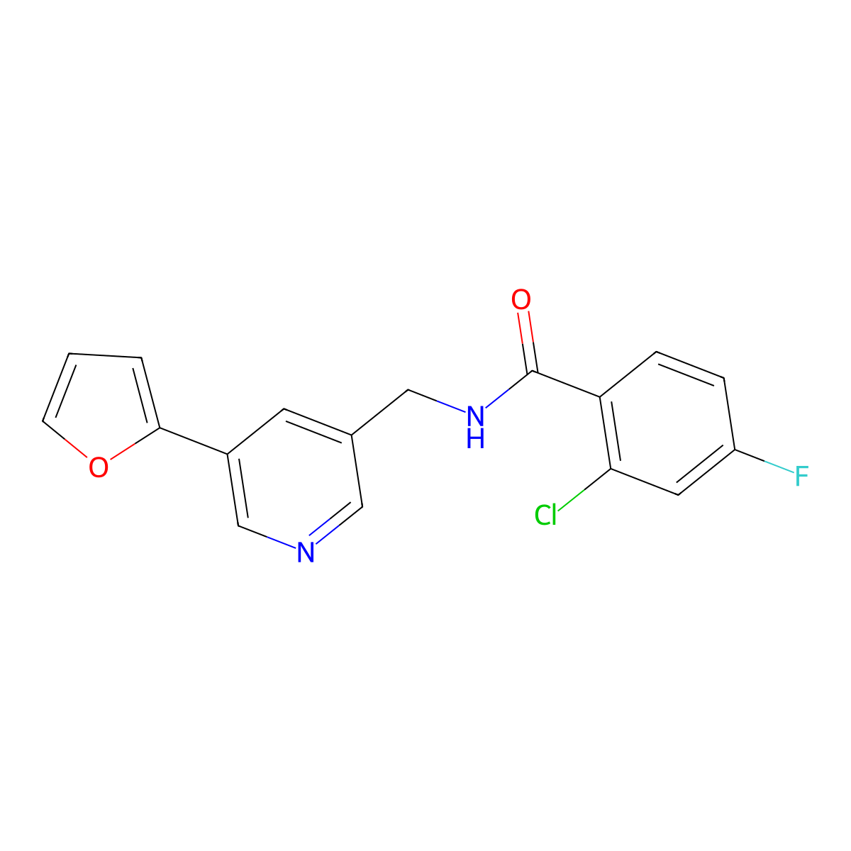 2-chloro-4-fluoro-N-{[5-(furan-2-yl)pyridin-3-yl]methyl}benzamide molecular structure, CAS 2034465-58-0