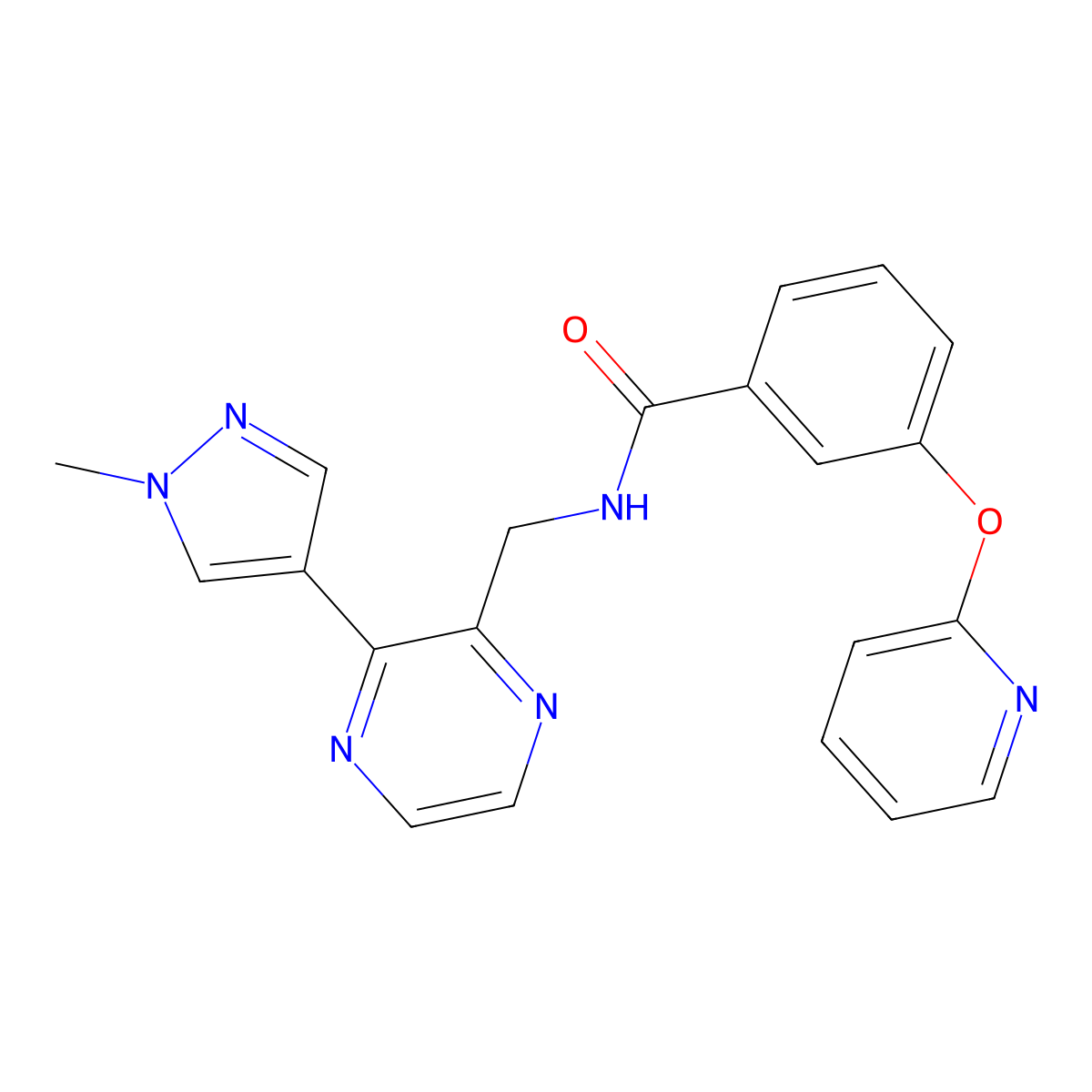 N-((3-(1-methyl-1H-pyrazol-4-yl)pyrazin-2-yl)methyl)-3-(pyridin-2-yloxy)benzamide molecular structure, CAS 2034465-64-8