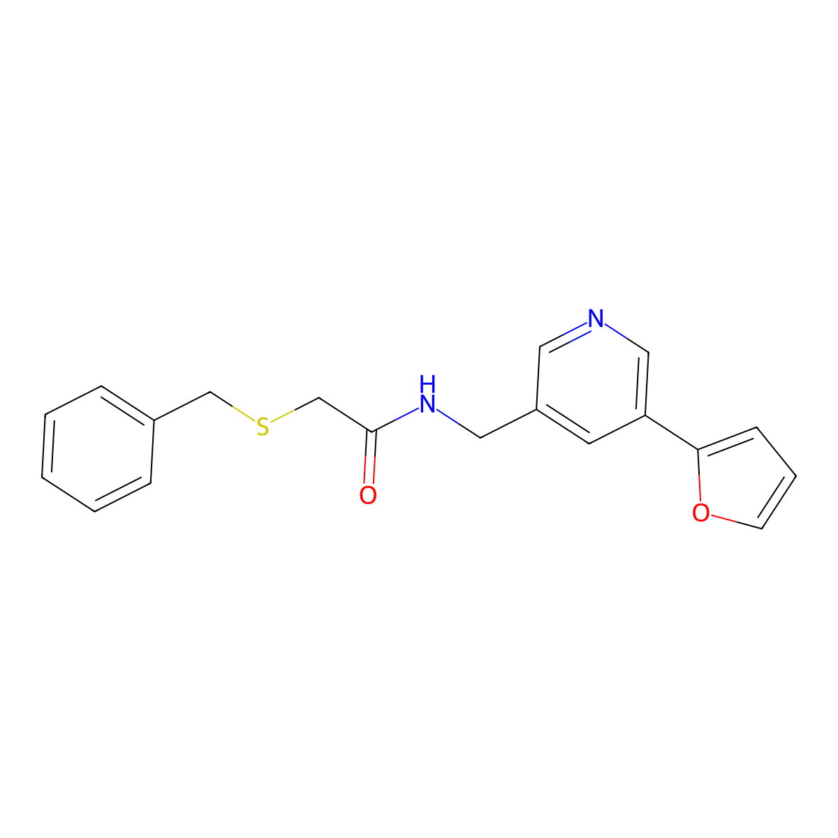 2-(benzylthio)-N-((5-(furan-2-yl)pyridin-3-yl)methyl)acetamide molecular structure, CAS 2034465-70-6