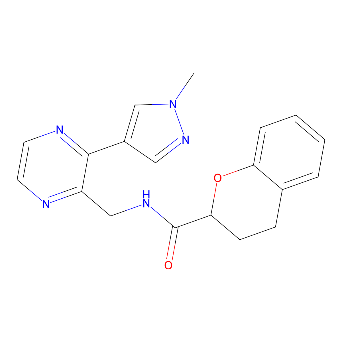 N-((3-(1-methyl-1H-pyrazol-4-yl)pyrazin-2-yl)methyl)chroman-2-carboxamide molecular structure, CAS 2034465-78-4