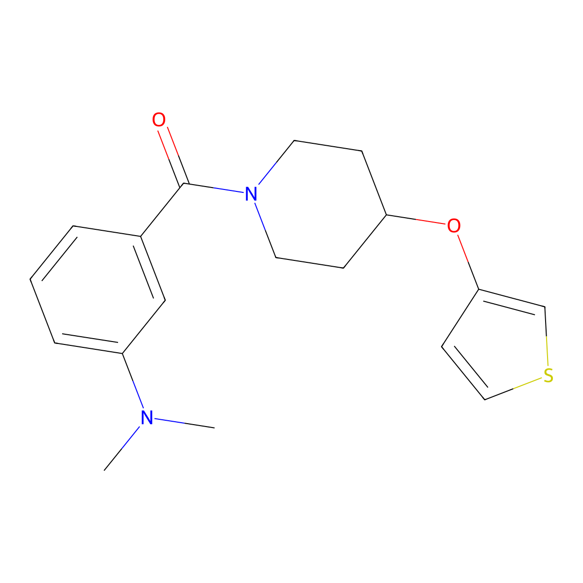 (3-(Dimethylamino)phenyl)(4-(thiophen-3-yloxy)piperidin-1-yl)methanone molecular structure, CAS 2034465-82-0