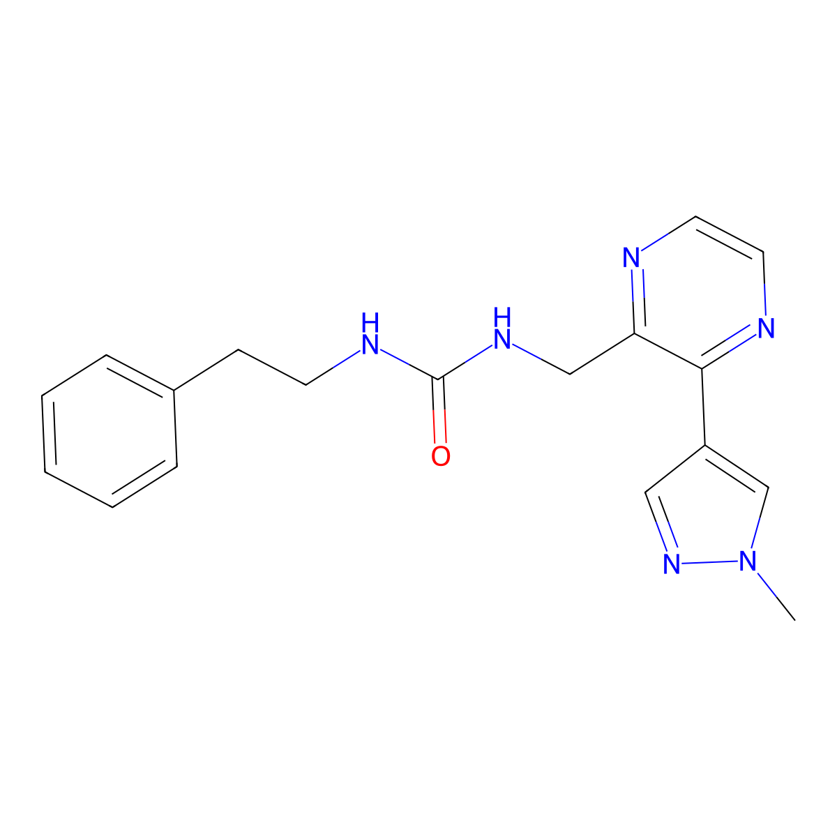 1-((3-(1-methyl-1H-pyrazol-4-yl)pyrazin-2-yl)methyl)-3-phenethylurea molecular structure, CAS 2034465-84-2