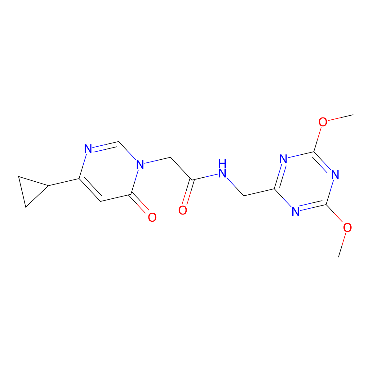 2-(4-cyclopropyl-6-oxopyrimidin-1(6H)-yl)-N-((4,6-dimethoxy-1,3,5-triazin-2-yl)methyl)acetamide molecular structure, CAS 2034465-96-6