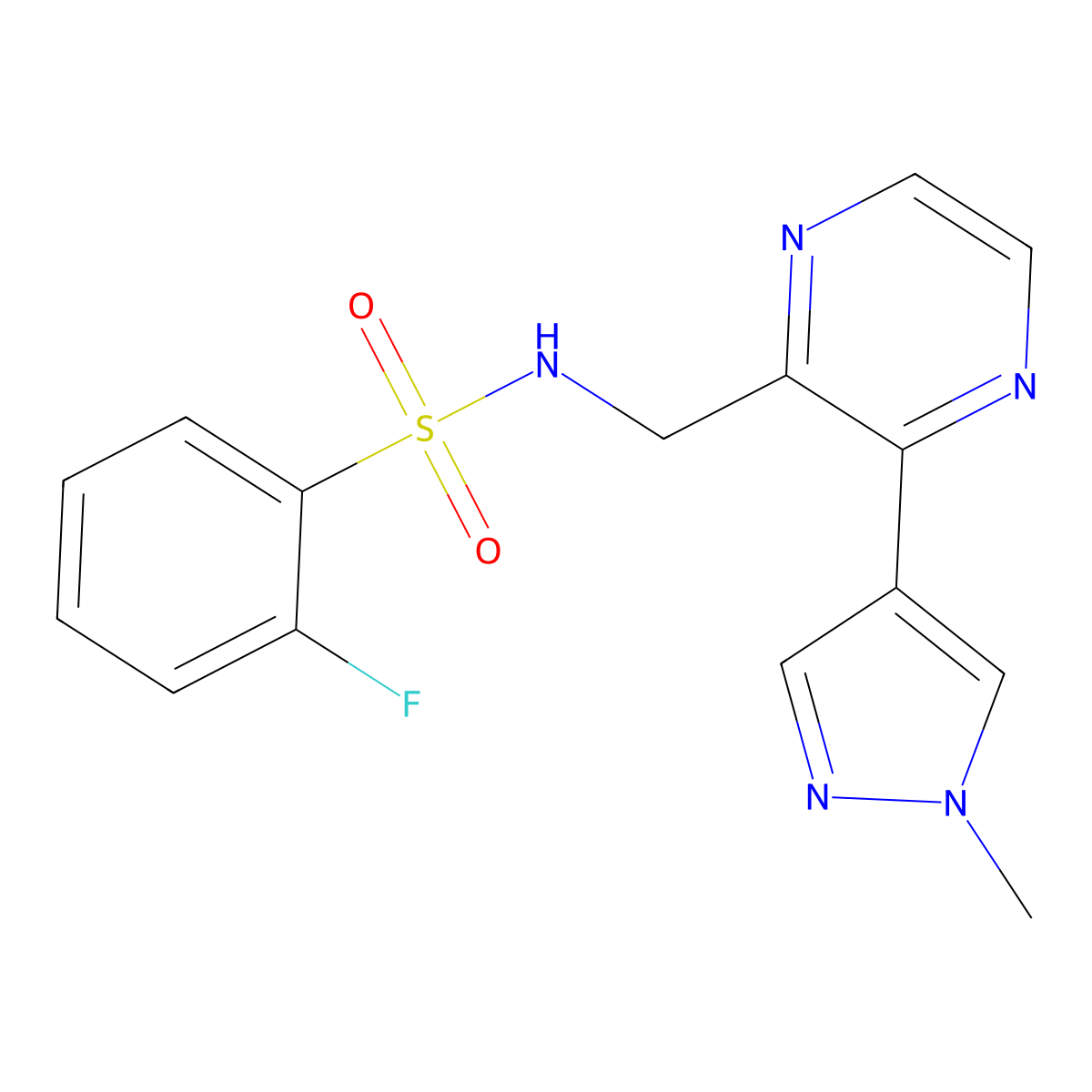 2-fluoro-N-((3-(1-methyl-1H-pyrazol-4-yl)pyrazin-2-yl)methyl)benzenesulfonamide molecular structure, CAS 2034466-01-6