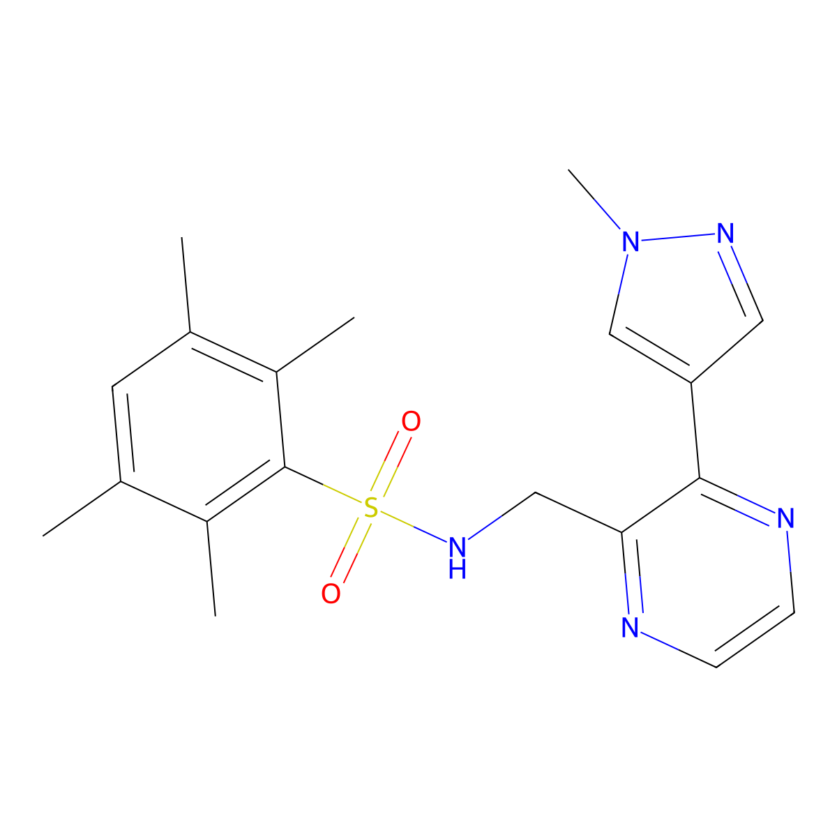 2,3,5,6-tetramethyl-N-((3-(1-methyl-1H-pyrazol-4-yl)pyrazin-2-yl)methyl)benzenesulfonamide molecular structure, CAS 2034466-12-9