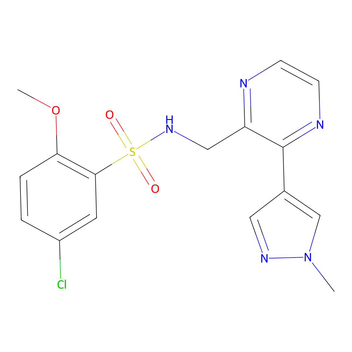 5-chloro-2-methoxy-N-((3-(1-methyl-1H-pyrazol-4-yl)pyrazin-2-yl)methyl)benzenesulfonamide molecular structure, CAS 2034466-18-5