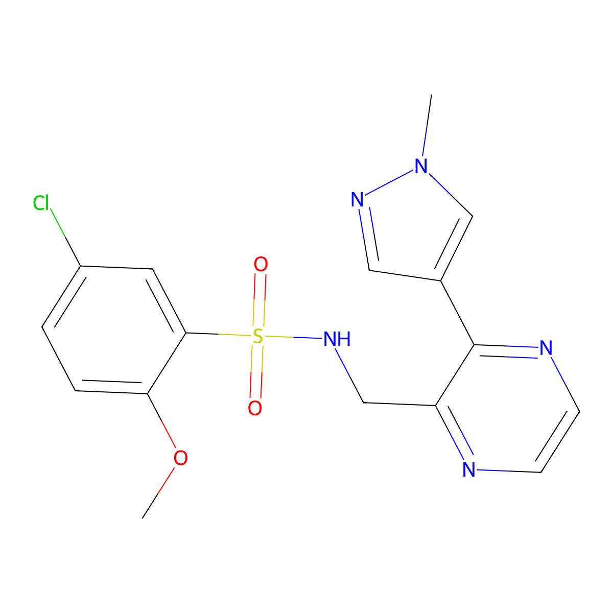 5-chloro-2-methoxy-N-((3-(1-methyl-1H-pyrazol-4-yl)pyrazin-2-yl)methyl)benzenesulfonamide molecular structure, CAS 2034466-18-5