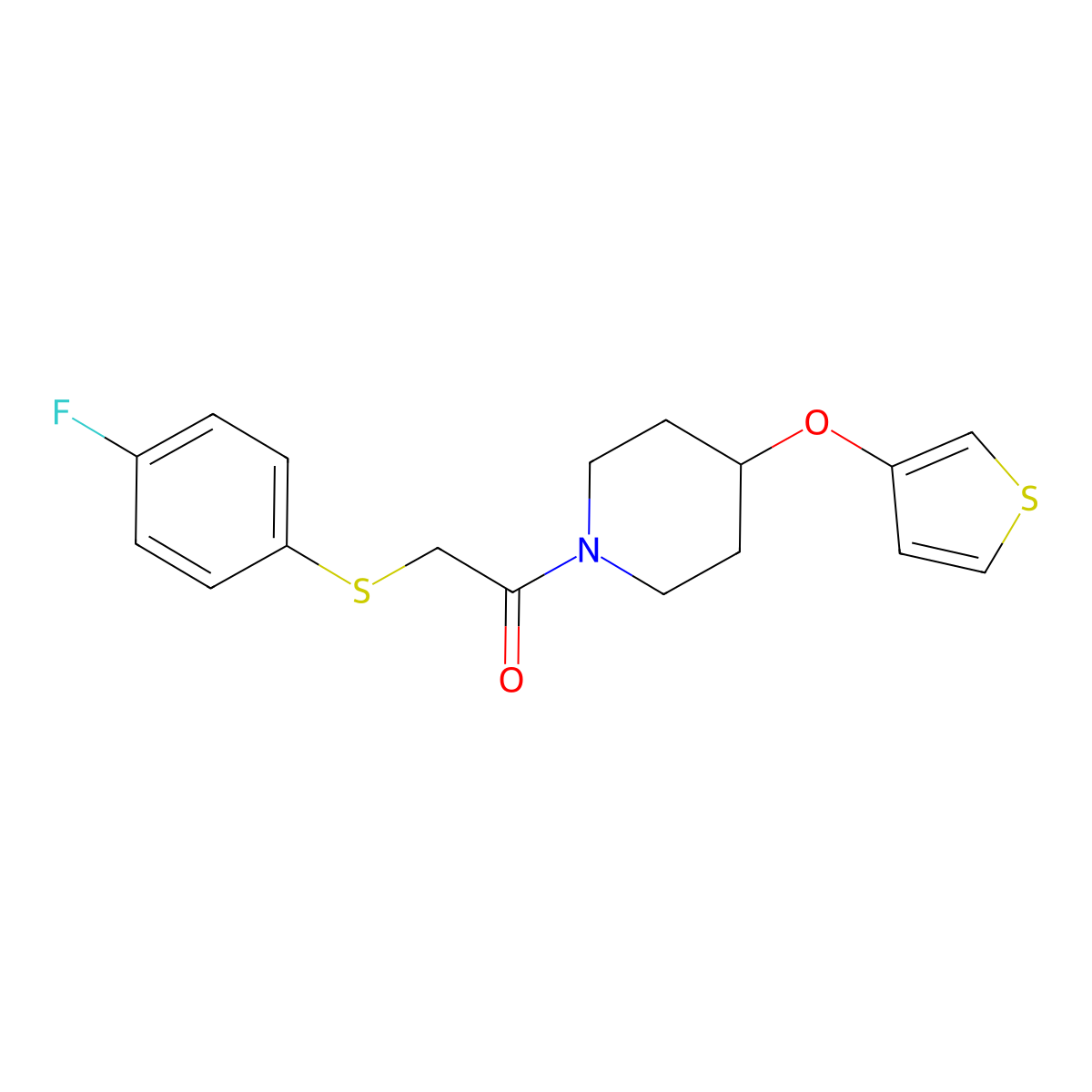 2-((4-Fluorophenyl)thio)-1-(4-(thiophen-3-yloxy)piperidin-1-yl)ethanone molecular structure, CAS 2034466-21-0