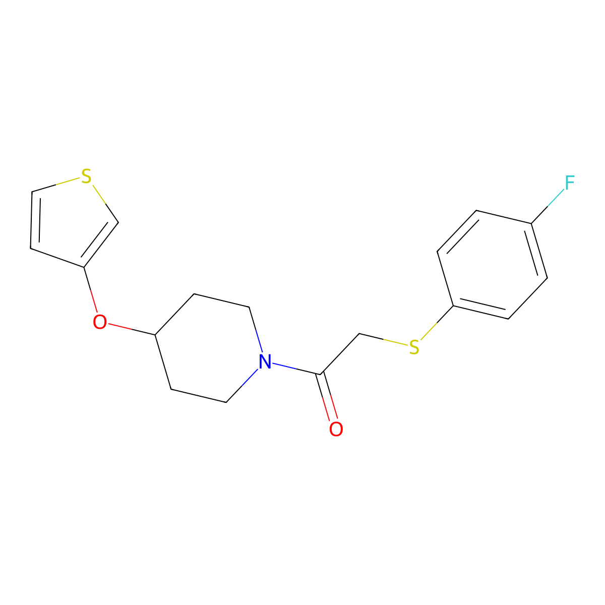2-((4-Fluorophenyl)thio)-1-(4-(thiophen-3-yloxy)piperidin-1-yl)ethanone molecular structure, CAS 2034466-21-0