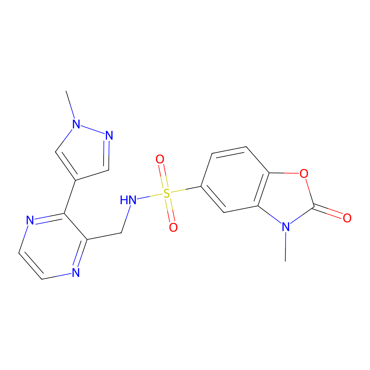 3-methyl-N-((3-(1-methyl-1H-pyrazol-4-yl)pyrazin-2-yl)methyl)-2-oxo-2,3-dihydrobenzo[d]oxazole-5-sulfonamide molecular structure, CAS 2034466-25-4