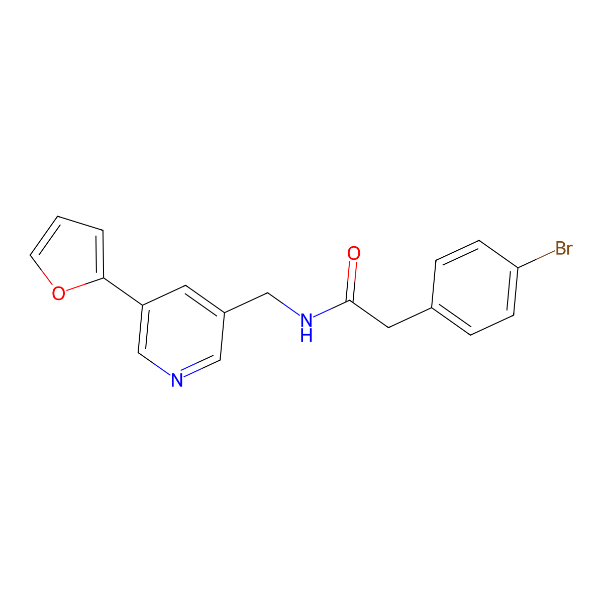 2-(4-bromophenyl)-N-((5-(furan-2-yl)pyridin-3-yl)methyl)acetamide molecular structure, CAS 2034466-41-4