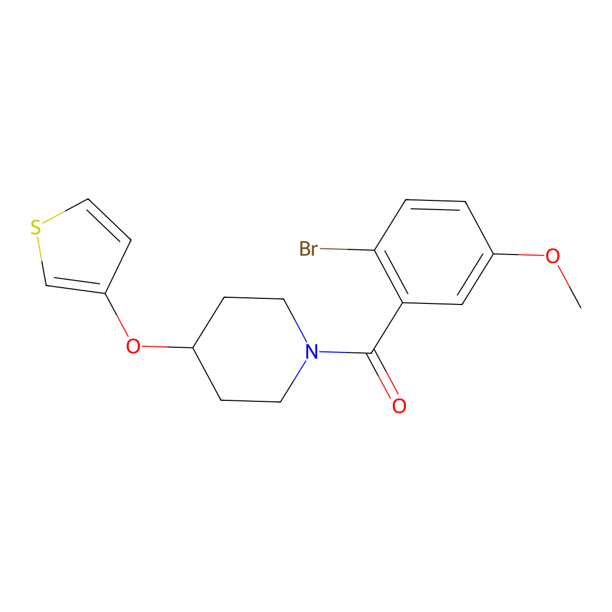 (2-Bromo-5-methoxyphenyl)(4-(thiophen-3-yloxy)piperidin-1-yl)methanone molecular structure, CAS 2034466-44-7