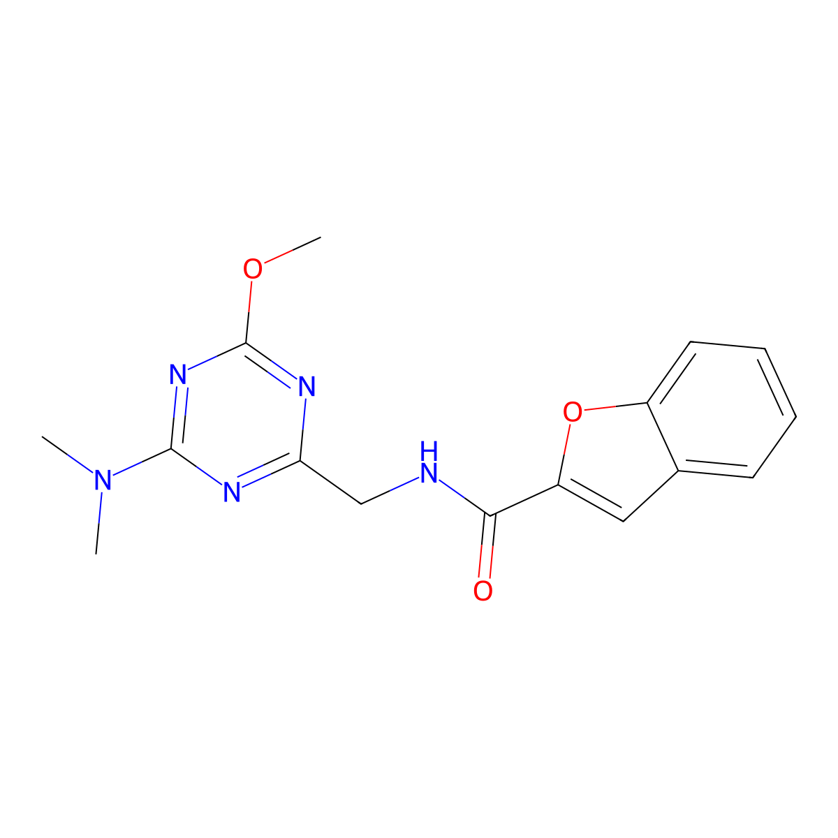 N-((4-(dimethylamino)-6-methoxy-1,3,5-triazin-2-yl)methyl)benzofuran-2-carboxamide molecular structure, CAS 2034466-52-7