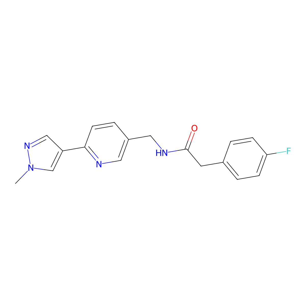 2-(4-fluorophenyl)-N-((6-(1-methyl-1H-pyrazol-4-yl)pyridin-3-yl)methyl)acetamide molecular structure, CAS 2034466-54-9