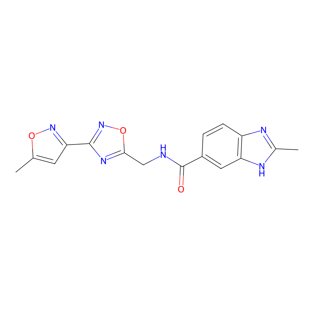 2-methyl-N-((3-(5-methylisoxazol-3-yl)-1,2,4-oxadiazol-5-yl)methyl)-1H-benzo[d]imidazole-6-carboxamide molecular structure, CAS 2034466-84-5
