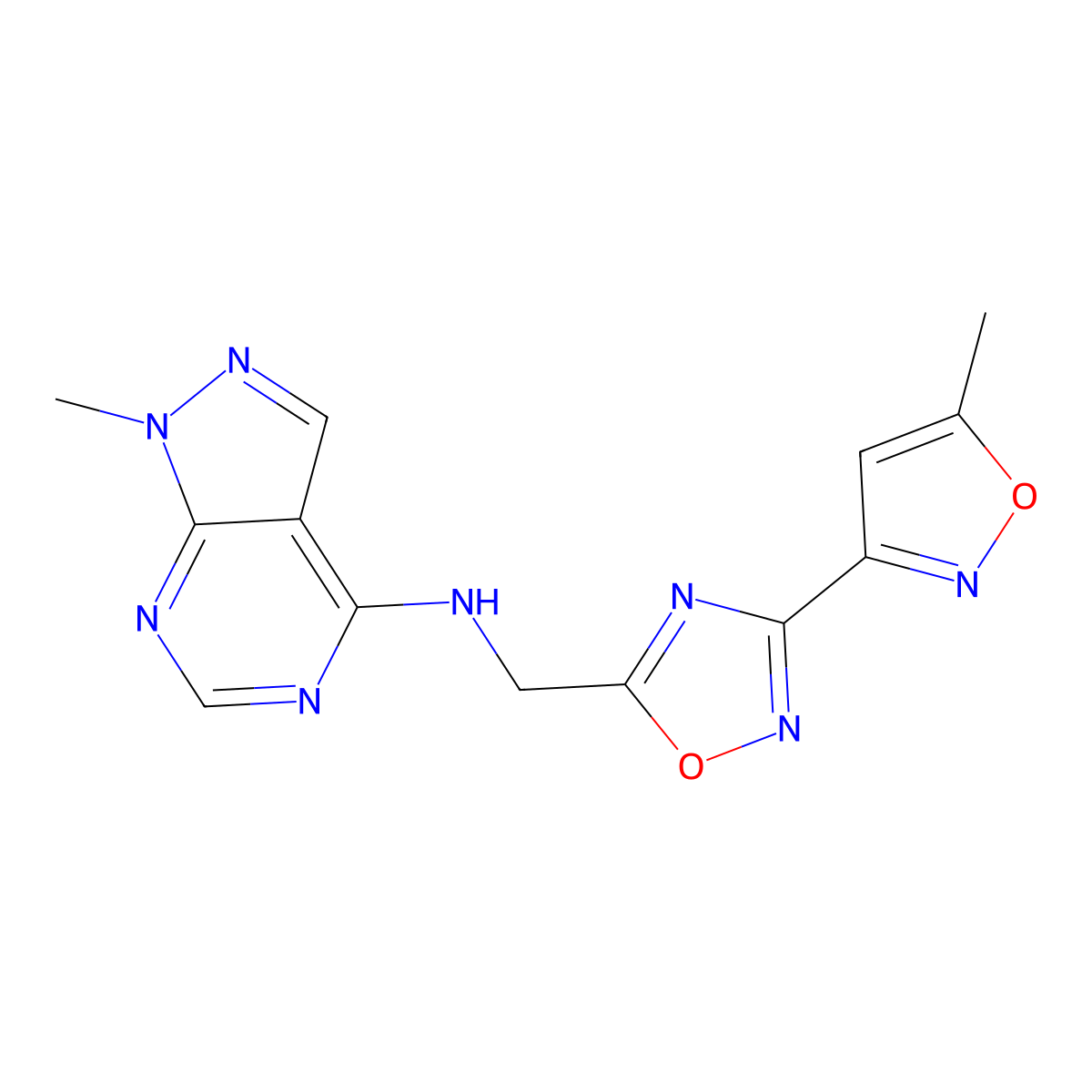 1-methyl-N-((3-(5-methylisoxazol-3-yl)-1,2,4-oxadiazol-5-yl)methyl)-1H-pyrazolo[3,4-d]pyrimidin-4-amine molecular structure, CAS 2034466-88-9