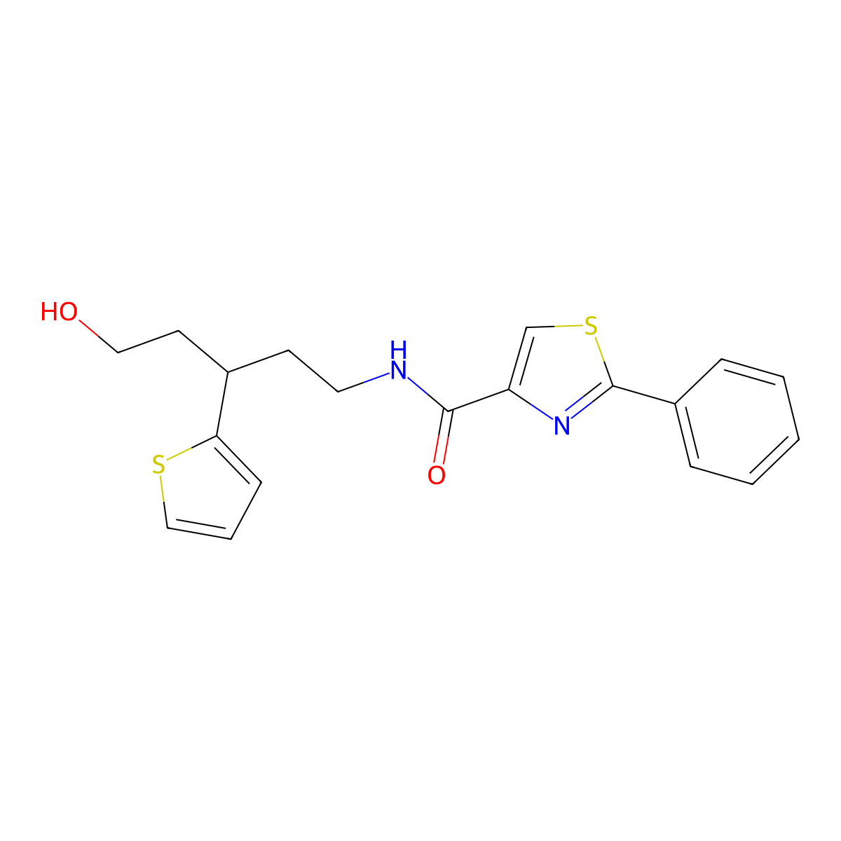 N-(5-hydroxy-3-(thiophen-2-yl)pentyl)-2-phenylthiazole-4-carboxamide molecular structure, CAS 2034467-01-9