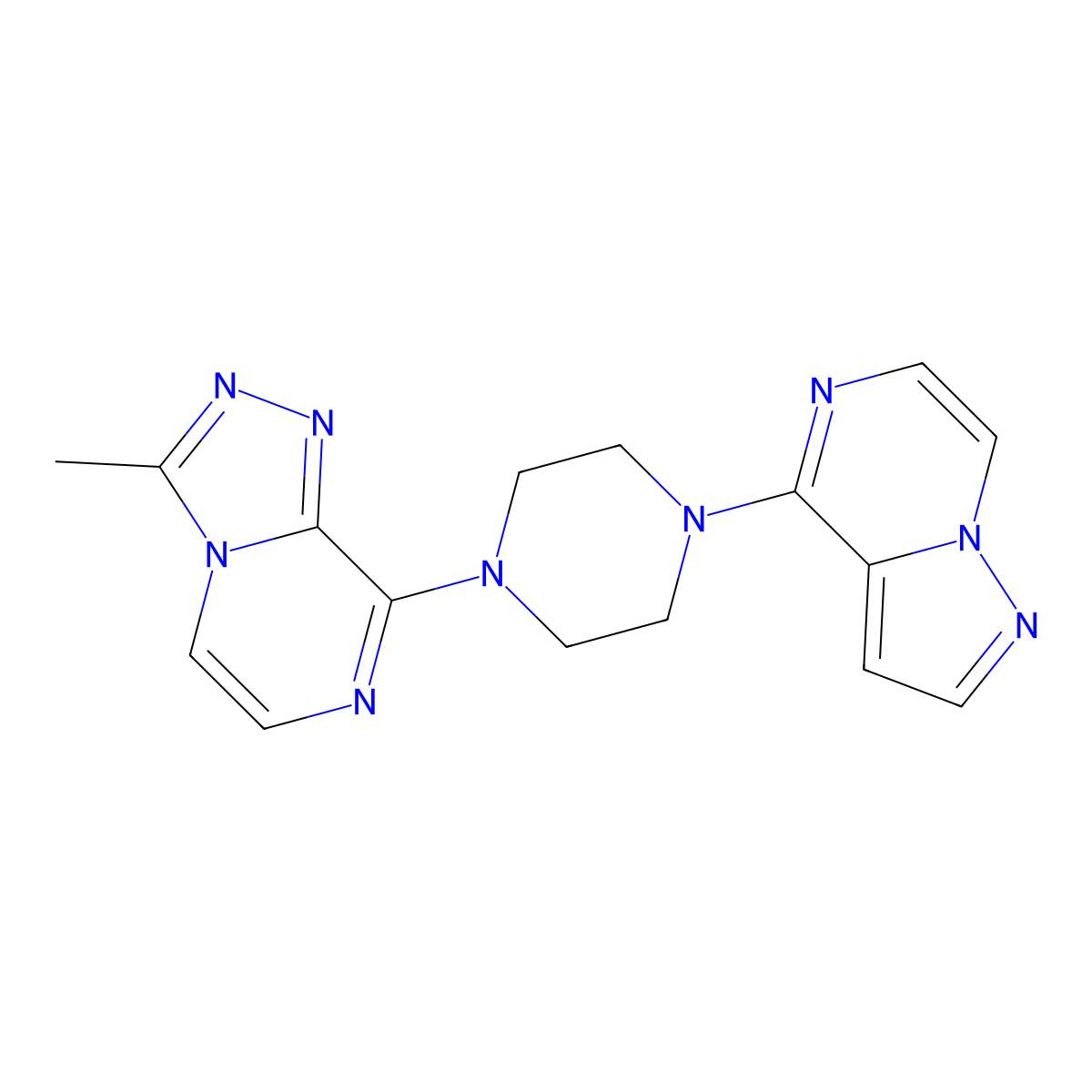 1-{3-Methyl-[1,2,4]triazolo[4,3-a]pyrazin-8-yl}-4-{pyrazolo[1,5-a]pyrazin-4-yl}piperazine molecular structure, CAS 2034467-02-0