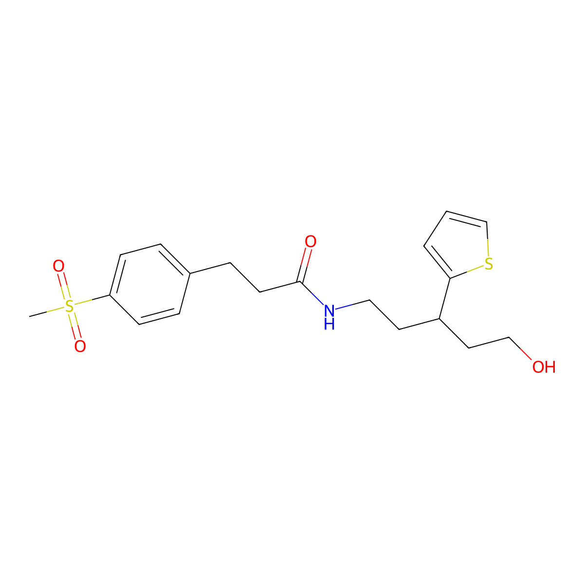 N-(5-hydroxy-3-(thiophen-2-yl)pentyl)-3-(4-(methylsulfonyl)phenyl)propanamide molecular structure, CAS 2034467-12-2