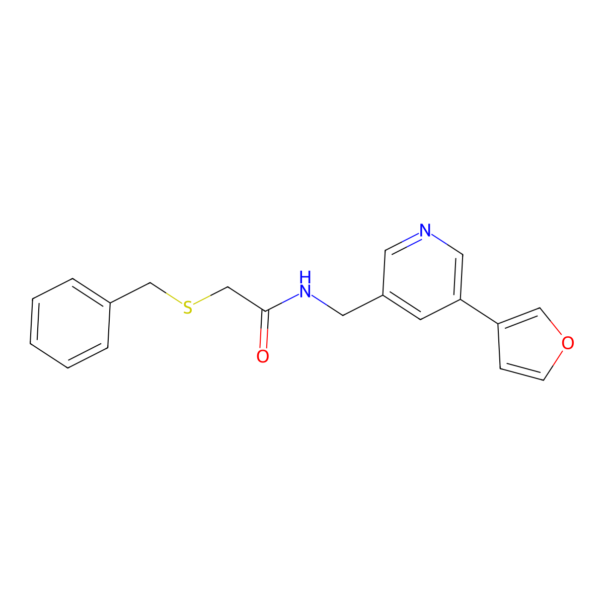 2-(benzylthio)-N-((5-(furan-3-yl)pyridin-3-yl)methyl)acetamide molecular structure, CAS 2034467-24-6