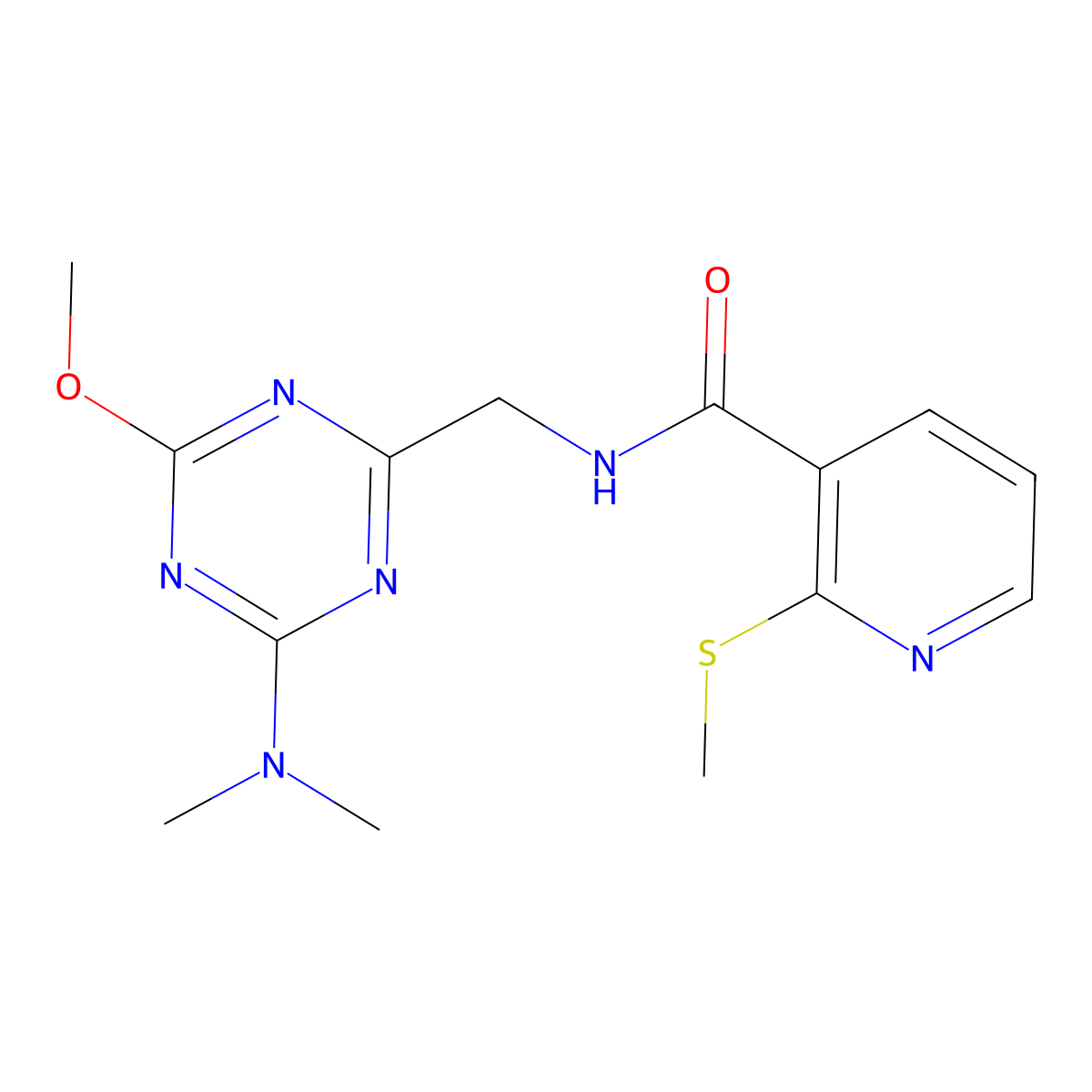 N-((4-(dimethylamino)-6-methoxy-1,3,5-triazin-2-yl)methyl)-2-(methylthio)nicotinamide molecular structure, CAS 2034467-26-8