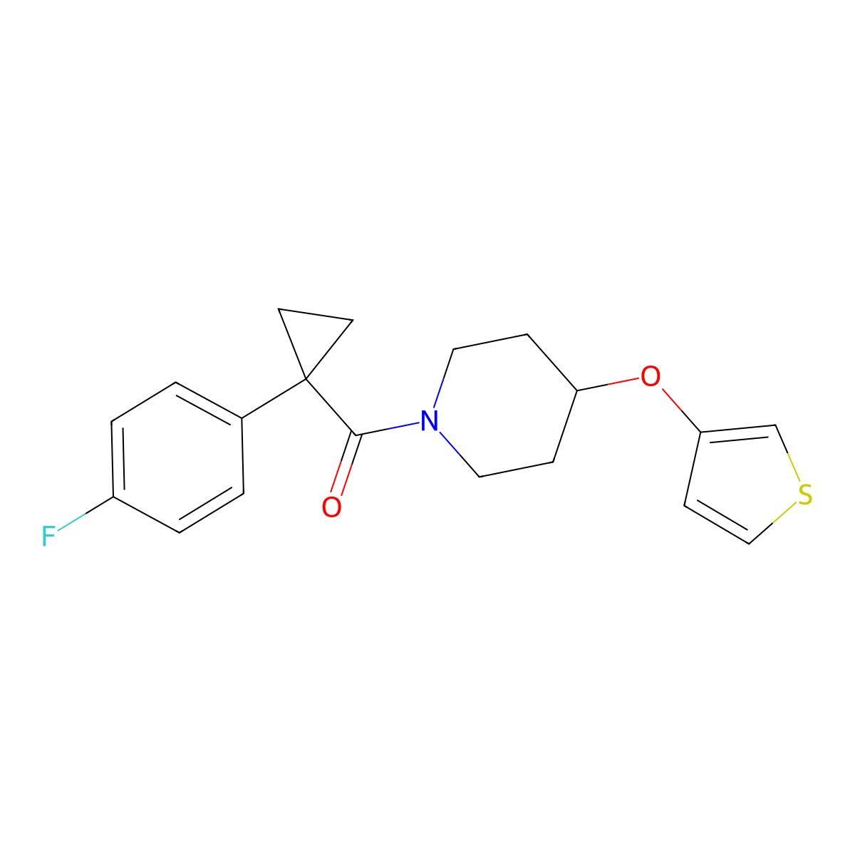 (1-(4-Fluorophenyl)cyclopropyl)(4-(thiophen-3-yloxy)piperidin-1-yl)methanone molecular structure, CAS 2034467-31-5