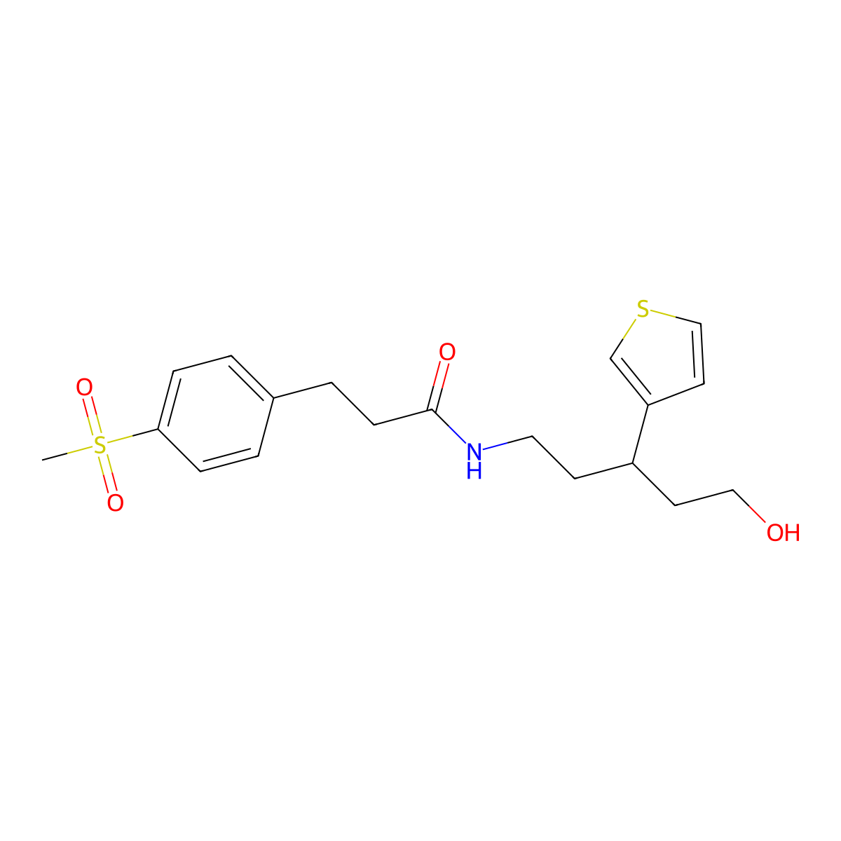 N-(5-hydroxy-3-(thiophen-3-yl)pentyl)-3-(4-(methylsulfonyl)phenyl)propanamide molecular structure, CAS 2034467-40-6