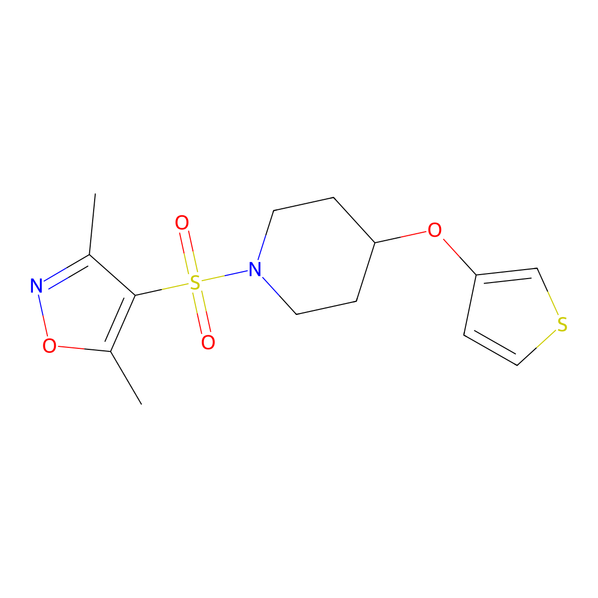 3,5-Dimethyl-4-((4-(thiophen-3-yloxy)piperidin-1-yl)sulfonyl)isoxazole molecular structure, CAS 2034467-41-7