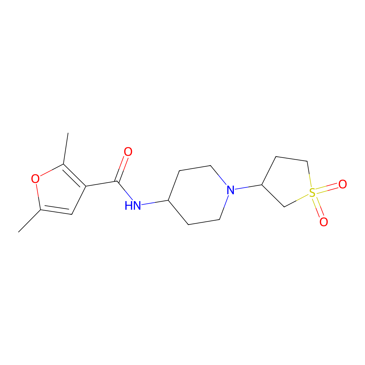 N-(1-(1,1-dioxidotetrahydrothiophen-3-yl)piperidin-4-yl)-2,5-dimethylfuran-3-carboxamide molecular structure, CAS 2034467-43-9